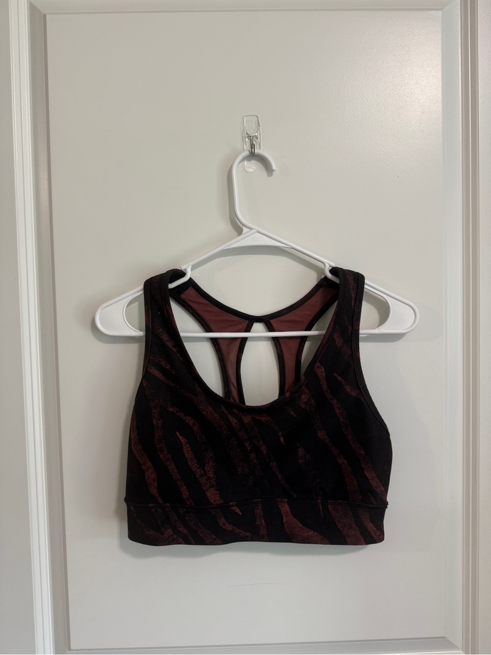 Supportive Women's Sports Bra - Black with Dark Red Zebra Print